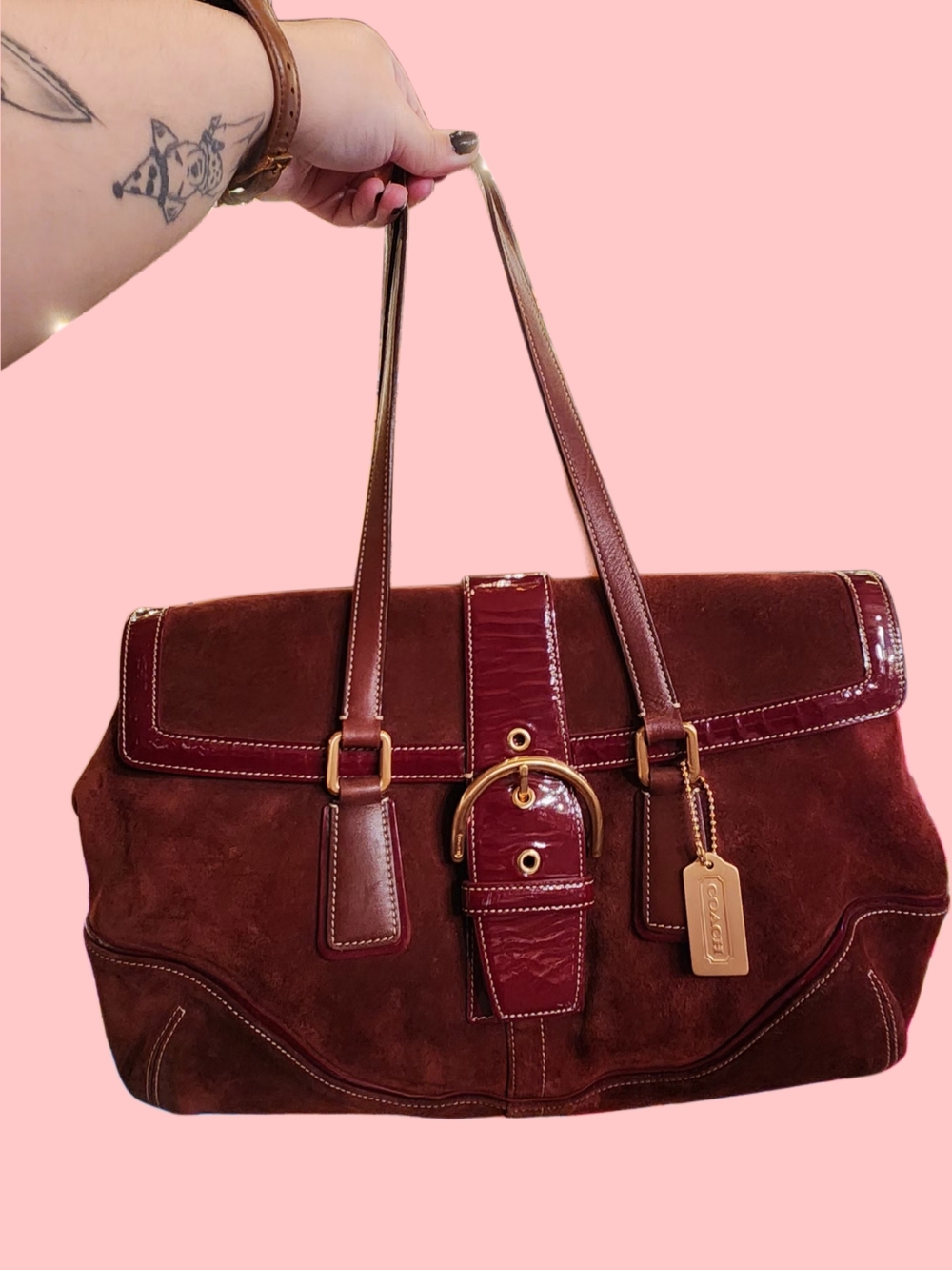 Coach Burgundy Soho Suede & Patent Leather Shoulder Bag with Gold Hardware